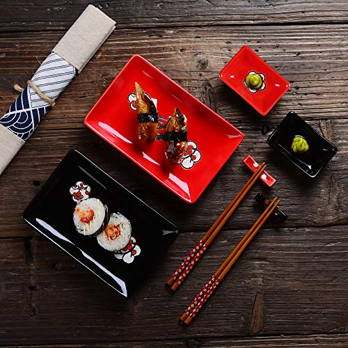 Panbado Vajilla de Sushi de Cerámica 8 Piezas para 2 Personas Juegos de Sushi de Porcelana Estilo Japonés, 2 Platos, 2 Platillos de Salsa, 2 Soportes de Palillos, 2 Pares de Palillos - Rojo y Negro