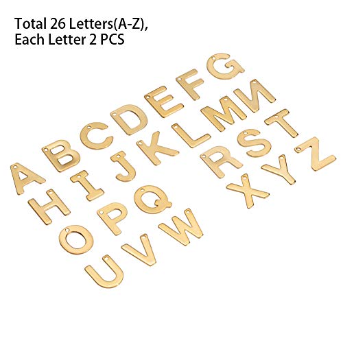 PandaHall - 52 colgantes de acero inoxidable con letras A-Z, colgantes de metal y alfabeto para pulseras, collares y manualidades, color dorado