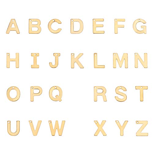 PandaHall - 52 colgantes de acero inoxidable con letras A-Z, colgantes de metal y alfabeto para pulseras, collares y manualidades, color dorado