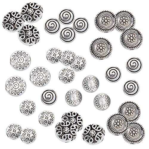 PandaHall Elite 120 piezas 6 estilos plata antigua tibetana aleación plana redonda espaciadores de metal para pulsera collar joyería fabricación (estrella, espiral, flor, rombo)