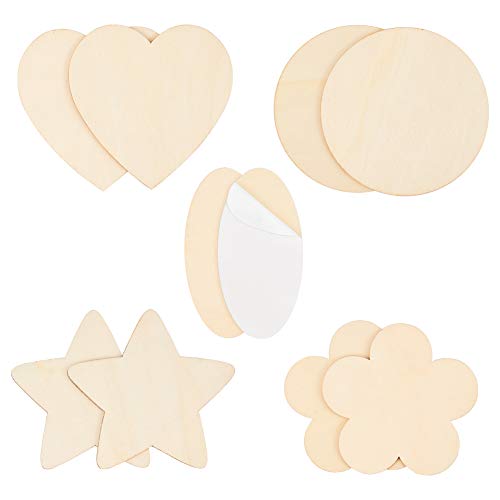 PandaHall - Rodajas de Madera de 12 cm, 5 Formas, 15 Piezas, diseño de corazón, Estrella, Flores, Redondas, Autoadhesivas, para Acción de Gracias, Navidad, San Valentín, Pintura de Boda y decoración