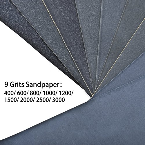 Papel de Lija, 45 Pieza 120 a 3000 Grit Surtido Papel Lija, de 9x3.6 pulgadas para lustramuebles de madera, metal de lijado y abrillantar coche