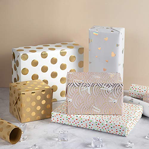 Papel de Regalo, Jolintek 6 Hojas Papel Para Envolver Regalos, Papel Regalo Plegadas Diseño de Bronzing de Puntos/Flor/Corazón Papel Embalar Colores para Cumpleaños, San Valentín, Baby Shower, Navidad