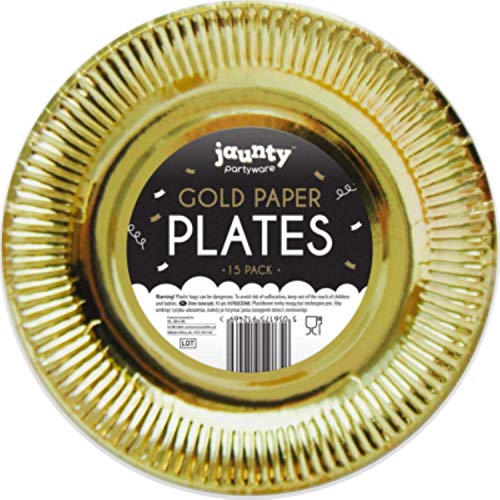 Paquete de 15 platos de papel redondos dorados (9 pies)