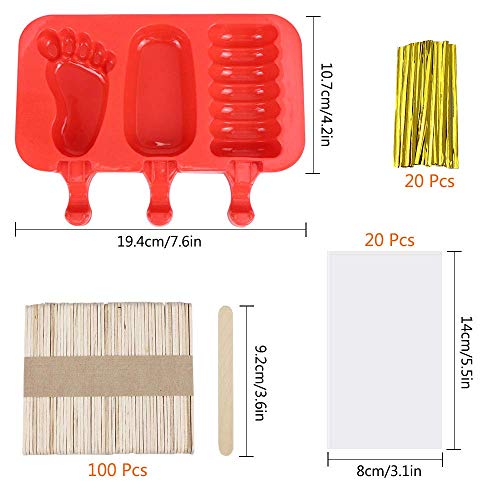 Paquete de 2 helados de silicona Homgaty con tapas Cute Ice Pop Makers Ice Lolly Model Set para niños bebé (con 100 palitos de madera y 20 bolsas transparentes)