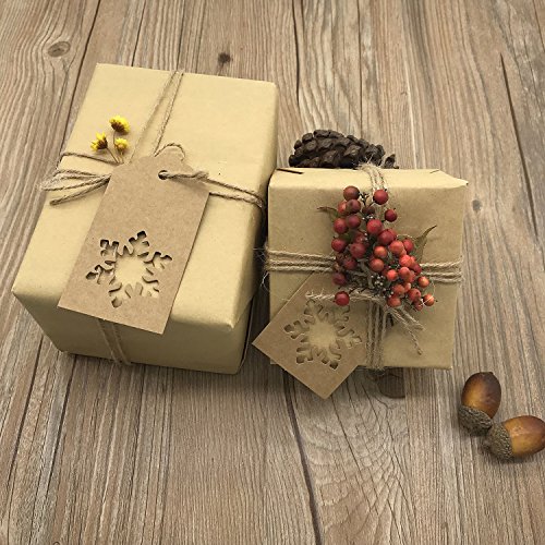 Paquete de 200 etiquetas de regalo de papel kraft en forma de copo de nieve, con 40 metros – 131 pies de cuerda de yute natural, etiquetas para colgar, Senhai, color rojo, marrón