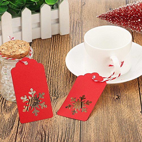 Paquete de 200 etiquetas de regalo de papel kraft en forma de copo de nieve, con 40 metros – 131 pies de cuerda de yute natural, etiquetas para colgar, Senhai, color rojo, marrón
