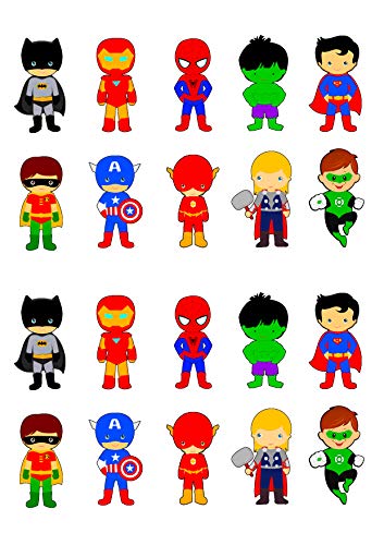 Paquete de fiesta de superhéroes. Cobertura para cupcakes comestible. Decoración para tartas en oblea comestible , Pack of 36