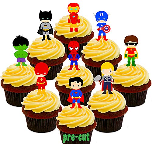 Paquete de fiesta de superhéroes. Cobertura para cupcakes comestible. Decoración para tartas en oblea comestible , Pack of 36