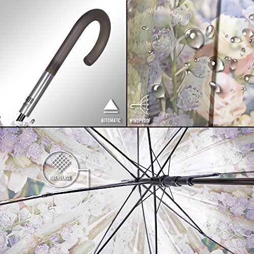 Paraguas Transparente Mujer - Paraguas Clásico de Burbuja Automatico - Estampado Flores - Fantasia a la Moda - Resistente Antiviento - 89 cm de diámetro - Perletti Chic - Rosa