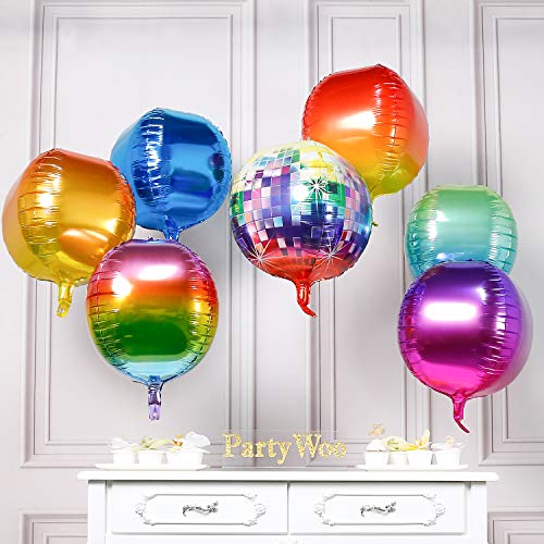 PartyWoo Orbz Globos, 7 Piezas 22 Pulgadas 4D Globos Orbz 7 Colores Globos Jumbo Globo Redondo Globos Aluminio para Decoración Bodas Vintage, Discoteca Decoracion, Fiesta Rojo, Cumpleaños Azul