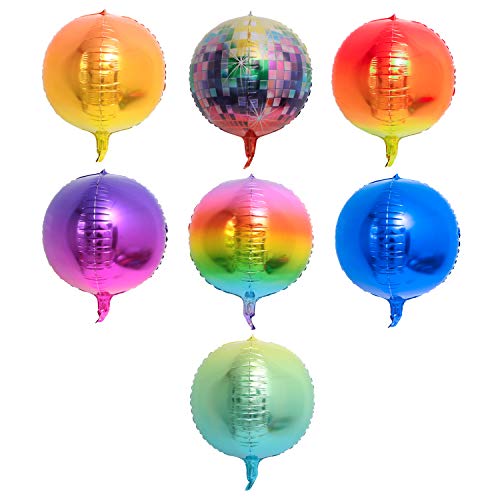 PartyWoo Orbz Globos, 7 Piezas 22 Pulgadas 4D Globos Orbz 7 Colores Globos Jumbo Globo Redondo Globos Aluminio para Decoración Bodas Vintage, Discoteca Decoracion, Fiesta Rojo, Cumpleaños Azul