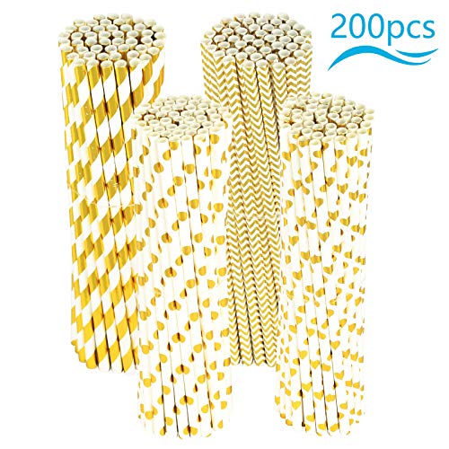 PATAZOK Pajitas de Papel Doradas 200 PCS Pajitas de Papel Bebidas Cóctel Jugo de Fruta Decoración Cumpleaños Bodas Nacimientos Fiestas Suministro Restaurante Bar 4 Tipos