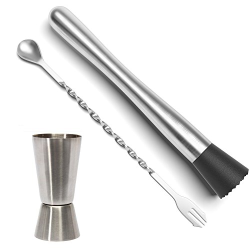 PDFans - Utensilios de cóctel de acero inoxidable con cuchara de mezclas, mortero y vaso