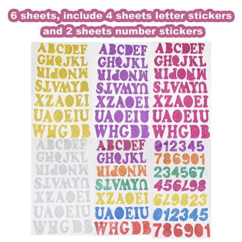 Pegatinas de espuma con letras de alfabeto brillantes y coloridas autoadhesivas, número y letras, para decoración de manualidades, 6 hojas, total de 248 unidades