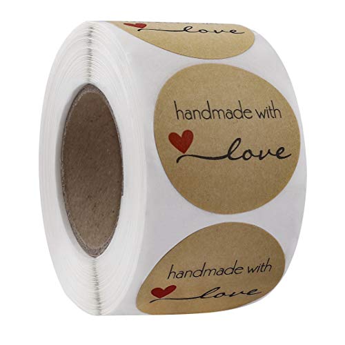 Pegatinas Kraft Etiqueta Adhesiva"Handmade with love" 3.8cm Redondas Etiqueta Autoadhesiva Hechas a Mano Etiquetas Rollo Decoración para Bolsas de Hornear Regalos Caseros 1 Rollo 500 Piezas
