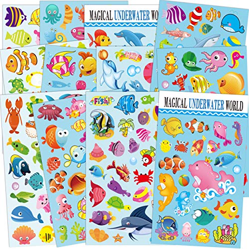 Pegatinas Sea World para niños 12 Hojas con pez ángel, Tiburones, Estrellas de mar, Tiburones, hipocampos, pulpos y más
