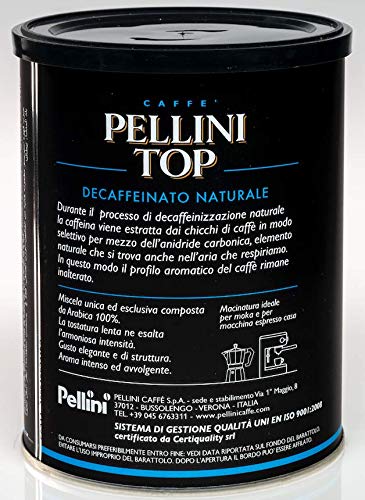 Pellini Caffè, Pellini Top 100% Arábica Para Cafetera Moka Descafeinado Natural, 1 Lata - 250 gr