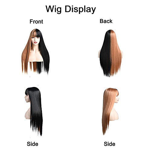 Peluca de pelo largo y liso Peluca de fibra sintética recta Ombre sedosa Peluca de fiesta de Halloween para cosplay para mujeres y niñas con flequillo natural (mitad negra/mitad rubia, 22 pulgadas)