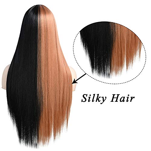 Peluca de pelo largo y liso Peluca de fibra sintética recta Ombre sedosa Peluca de fiesta de Halloween para cosplay para mujeres y niñas con flequillo natural (mitad negra/mitad rubia, 22 pulgadas)