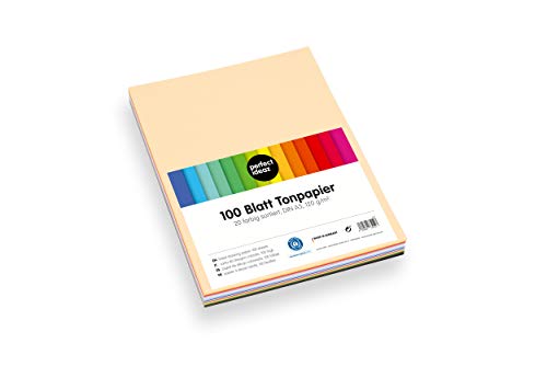 perfect ideaz Papel tintado DIN-A5 (148 x 210 mm) 100 hojas de colores, en 20 colores diferentes, grosor de 120g/m², Papel para manualidades de la mayor calidad