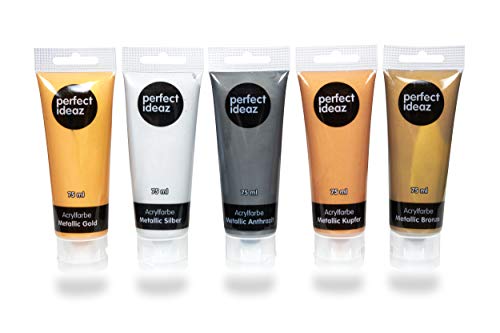 perfect ideaz Pinturas acrílicas Metalizadas (5 x 75 ml = 375 ml), 5 Pinturas Creativas Diferentes, Alta proporción de pigmentos de Colores, Pintura acrílica de Alta Cobertura y de Secado rápido