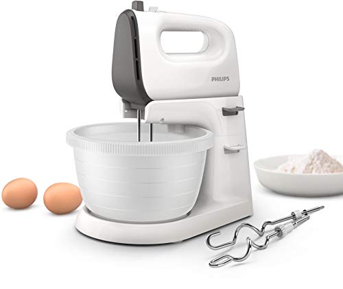 Philips HR3746/00 - Batidora de mano (450 W, incluye soporte con cuenco para mezclar, 5 velocidades y turbo), color blanco y gris