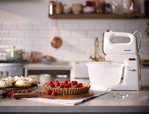 Philips HR3746/00 - Batidora de mano (450 W, incluye soporte con cuenco para mezclar, 5 velocidades y turbo), color blanco y gris