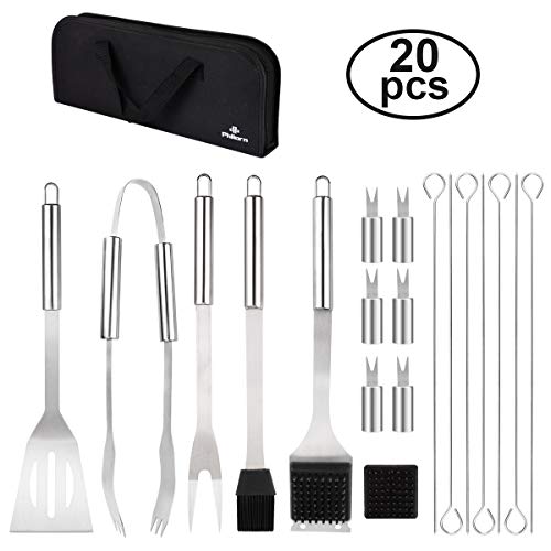 PHILORN Herramienta Barbacoa [20Pcs] Accesorios de Barbacoa de Acero Inoxidable, Utensilios Parrilla con Espátula Pinzas Tenedores Pinceles Brochetas Sostenedores Maíz y Bolsa Fácil de Transportar