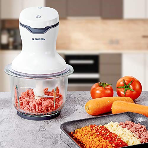 Picadora Eléctrica, Freihafen 300W 1.5L Picadora de Carne, Picadora Eléctrica de Alimentos con 4 Cuchillas y 2 Modos de Velocidad, Verduras y Frutas, Alimentos para Bebés