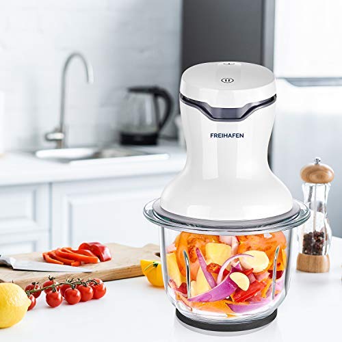 Picadora Eléctrica, Freihafen 300W 1.5L Picadora de Carne, Picadora Eléctrica de Alimentos con 4 Cuchillas y 2 Modos de Velocidad, Verduras y Frutas, Alimentos para Bebés