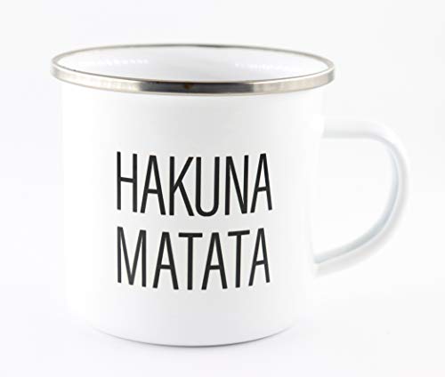 Picsonpaper Taza esmaltada con texto Hakuna Matata, regalo, taza de acero inoxidable, taza de metal, taza de camping, taza de café