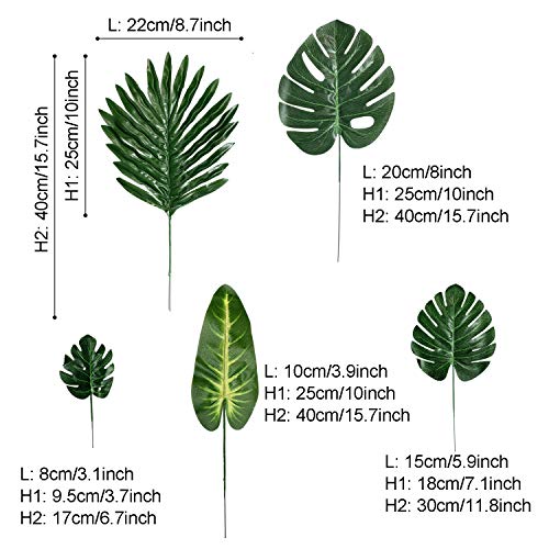 PietyPet Hojas de Palma Artificiales, 60 Piezas 5 Tipos Verde Plantas Artificiales, Falso Hojas de Monstera con Tallos para Luau, Fiestas Decoraciones Eventos, Bodas, Hawaiano