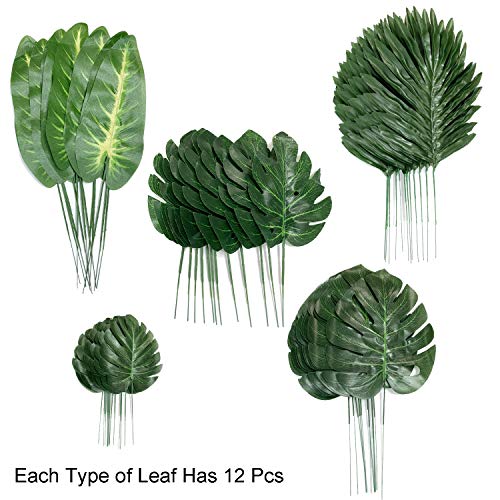 PietyPet Hojas de Palma Artificiales, 60 Piezas 5 Tipos Verde Plantas Artificiales, Falso Hojas de Monstera con Tallos para Luau, Fiestas Decoraciones Eventos, Bodas, Hawaiano