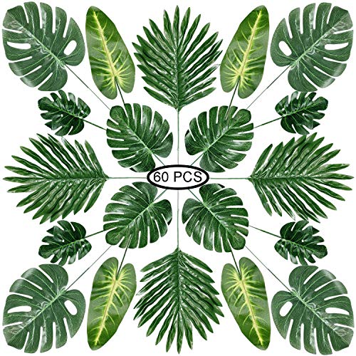PietyPet Hojas de Palma Artificiales, 60 Piezas 5 Tipos Verde Plantas Artificiales, Falso Hojas de Monstera con Tallos para Luau, Fiestas Decoraciones Eventos, Bodas, Hawaiano