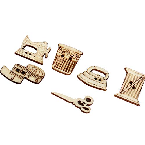 Pinhan - 100 botones de madera con diseño de tijeras, metro, máquina de coser, dedal, plancha y bobina, 2 agujeros, ideales para costura, manualidades y bricolaje