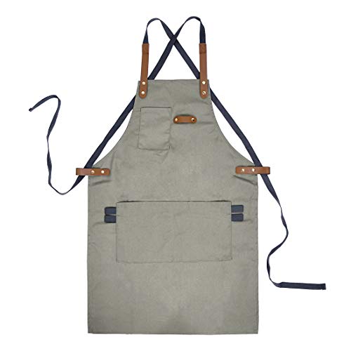 Pinji Delantal de Lona para Cocina, Delantal Ajustable con Bolsillos para Mujeres Hombres Diseño de la Cruz Trasera para Hornear, Restaurante, Jardinería, Barbacoa Caqui