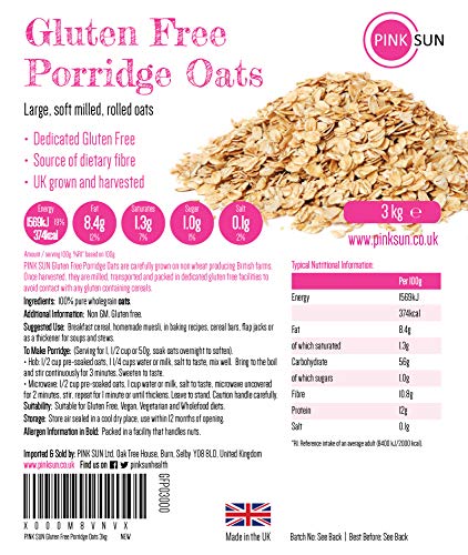 PINK SUN Avena Integral Sin Gluten Cereales 3kg Bolsa Grande Harina de Avena Copos - Gluten Free Porridge Oats Oatmeal