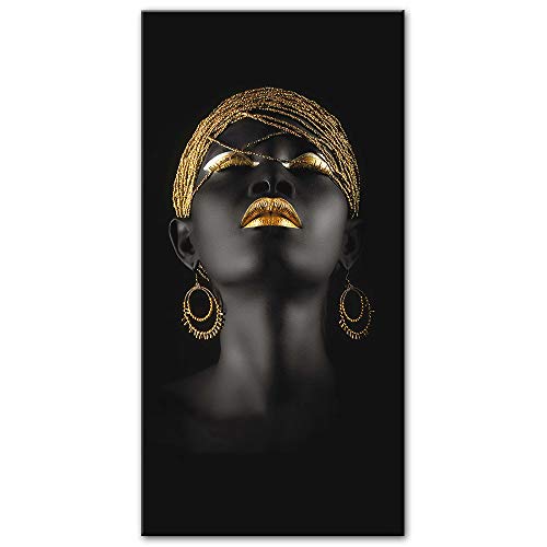 Pinturas al óleo de las mujeres africanas Imprimir en lienzo Impresiones del arte Chica negra con aretes de oro Imágenes del arte de la lona Decoración de la pared del hogar (Sin marco) R1 50x100CM