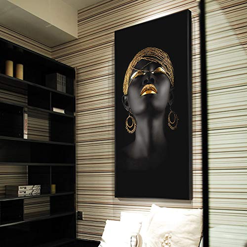 Pinturas al óleo de las mujeres africanas Imprimir en lienzo Impresiones del arte Chica negra con aretes de oro Imágenes del arte de la lona Decoración de la pared del hogar (Sin marco) R1 50x100CM