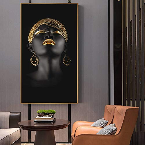 Pinturas al óleo de las mujeres africanas Imprimir en lienzo Impresiones del arte Chica negra con aretes de oro Imágenes del arte de la lona Decoración de la pared del hogar (Sin marco) R1 50x100CM