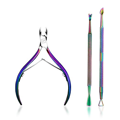 Pinzas de cutículas de degradado de color Recortador de cutículas con empujador de cutículas Tijeras de acero inoxidable Cortador extremadamente afilado Kit de herramientas de manicura pedicura