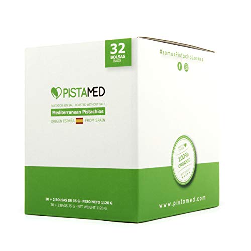 Pistachos ecológicos PISTAMED - 1,1 Kg. Tostado artesanal SIN SAL - Origen España (30+2 bolsas de 35 gr. = 1.120 gramos) 32 raciones de pistachos
