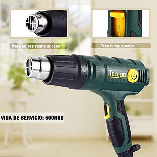 Pistola de aire caliente TECCPO 2000W, 50-650 ℃ alta potencia, 8 accesorios de boquilla, calentamiento rápido en segundos (tiempo de trabajo superior a 500 horas) - TAHG08P