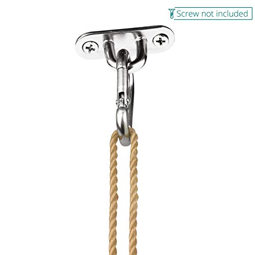 Placa de Ojo (4pcs) y Mosquetón (4pcs) - (4,5x1,5cm) Acero Inoxidable Ganchos de techo (5x2,2cm) con Mosquetón para Cuerda Plataforma, Senderismo, Pesca, Equipo Exteriores y Cámping - Capacidad 40Kg