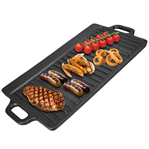 Placa de plancha de hierro fundido reversible | revestimiento antiadherente | apto para inducción, cocinas de gas y eléctricas | Asas integradas y bandejas de goteo de aceite.