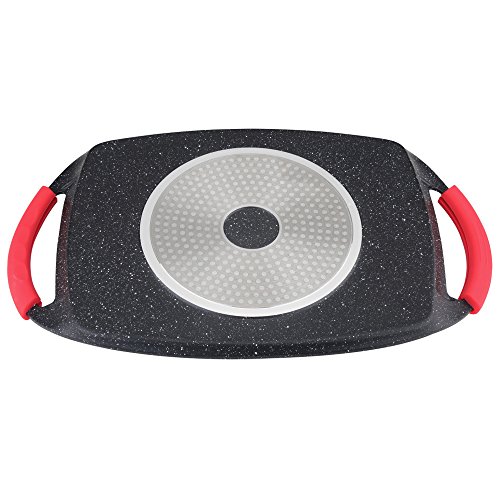 PLANCHA DE PIEDRA DE ALUMINIO FUNDIDO REVESTIMIENTO DE MÁRMOL CON ASAS DE SILICONA, 47x29 CM, APTO PARA COCINAS DE GAS, ELECTRICA, VITRO E INDUCCIÓN, ANTIDHERENTE –COLOR ROJO