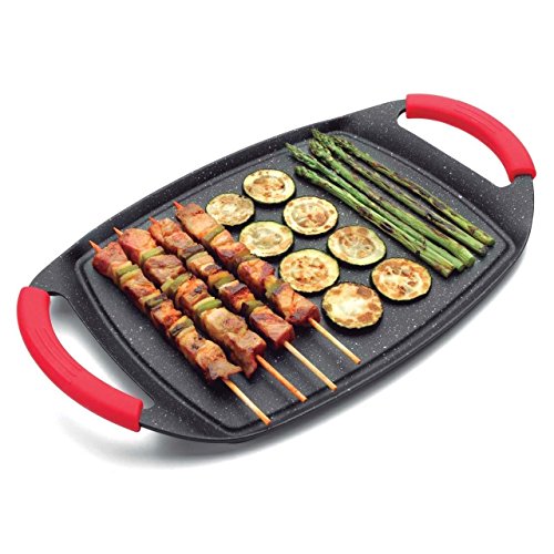 PLANCHA DE PIEDRA DE ALUMINIO FUNDIDO REVESTIMIENTO DE MÁRMOL CON ASAS DE SILICONA, 47x29 CM, APTO PARA COCINAS DE GAS, ELECTRICA, VITRO E INDUCCIÓN, ANTIDHERENTE –COLOR ROJO