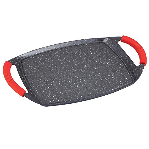 PLANCHA DE PIEDRA DE ALUMINIO FUNDIDO REVESTIMIENTO DE MÁRMOL CON ASAS DE SILICONA, 47x29 CM, APTO PARA COCINAS DE GAS, ELECTRICA, VITRO E INDUCCIÓN, ANTIDHERENTE –COLOR ROJO