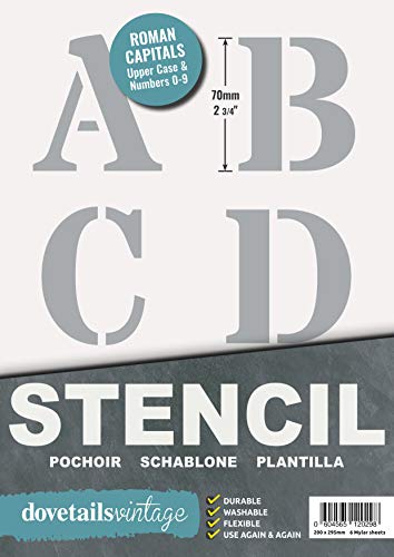 Plantillas Letras Stencil - Plantillas del Alfabeto – 7 cm de altura – Alphabet y Números 0-9, Mayúsculas Roman – en 6 hojas de 295 x 200mm